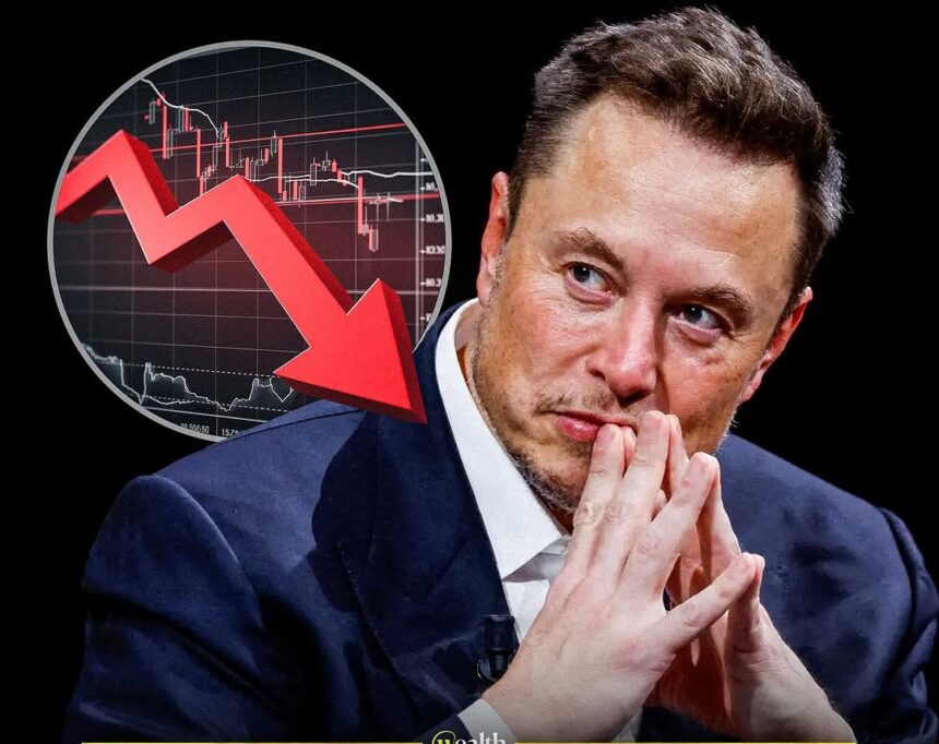 Elon Musk checking his phone with a stock ticker in the background.