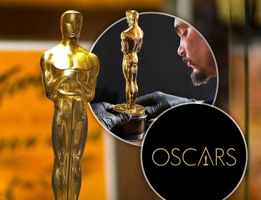 Oscars ceremony cost, Oscar statue value, selling Oscars. Split image showing the red carpet and a close-up of an Oscar statue.