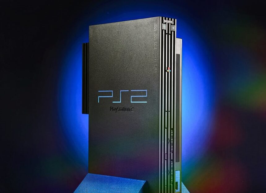 PlayStation 2 console with a selection of game cases, showcasing the iconic design and game library, celebrating its 25th anniversary.