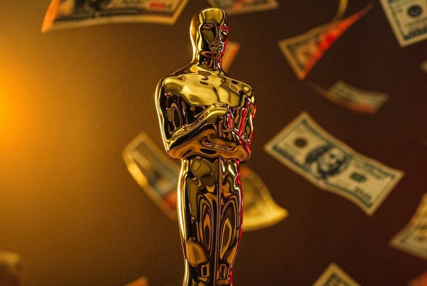 An Oscar statuette, illustrating the 310% increase in net worth experienced by actors who win this prestigious award, as revealed by the Ezra research report.