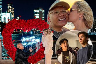 A romantic image of Jacob Batalon and Veronica Leahov in a New York City setting, perhaps a skyline backdrop or a cozy cafe. Consider a split image or collage also showing Tom Holland and Zendaya.