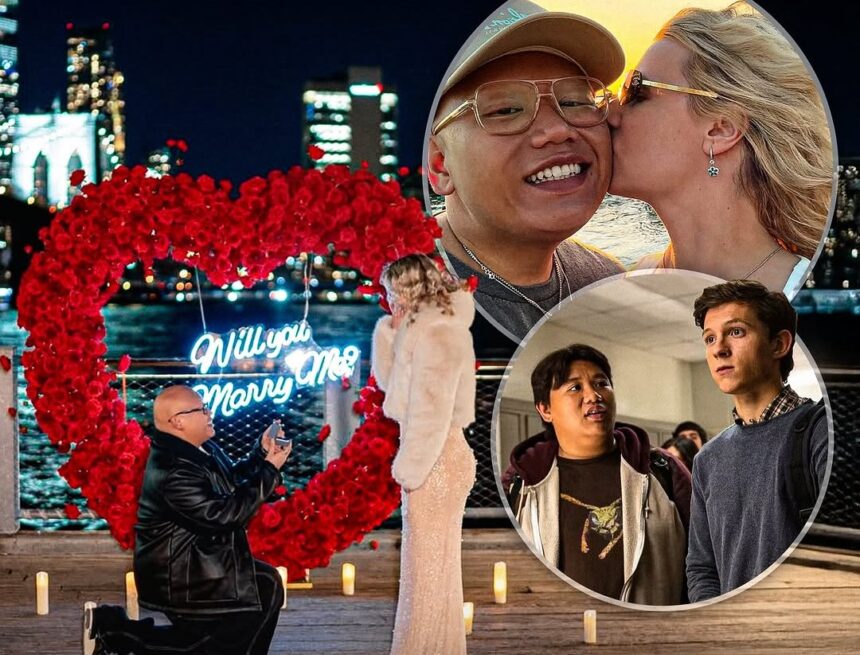 A romantic image of Jacob Batalon and Veronica Leahov in a New York City setting, perhaps a skyline backdrop or a cozy cafe. Consider a split image or collage also showing Tom Holland and Zendaya.