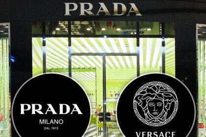 Juxtaposition of the Prada triangle logo and Versace Medusa head, representing a potential acquisition.