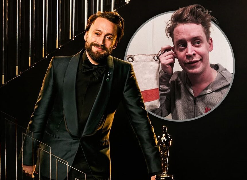 Collage of Macaulay Culkin looking emotional and Kieran Culkin holding his Oscar award.