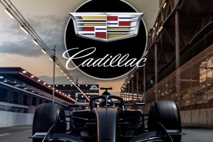 Cadillac Formula One car speeding on a track, showcasing the brand's entry into the 2026 championship.