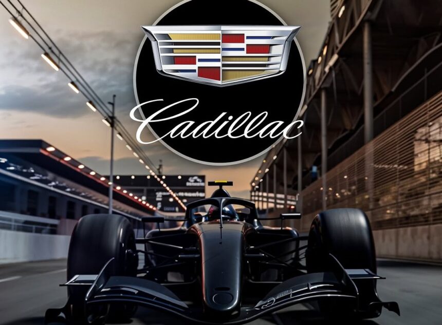 Cadillac Formula One car speeding on a track, showcasing the brand's entry into the 2026 championship.