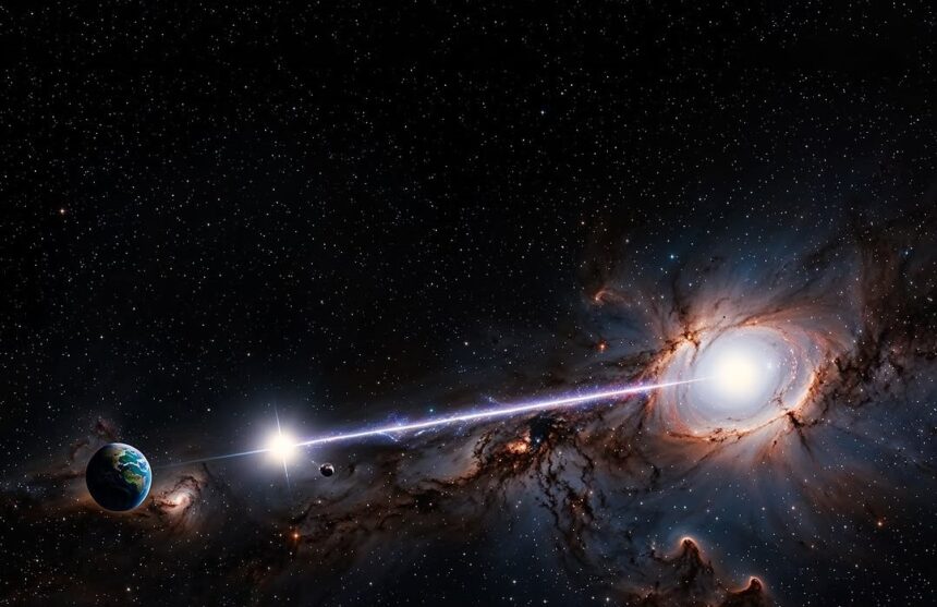 A small, distant star emitting powerful radio waves, visualized as glowing lines radiating outward against a backdrop of deep space.