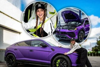 A purple Lamborghini parked on a street, showcasing the prize won in Shakira's "Soletra" giveaway