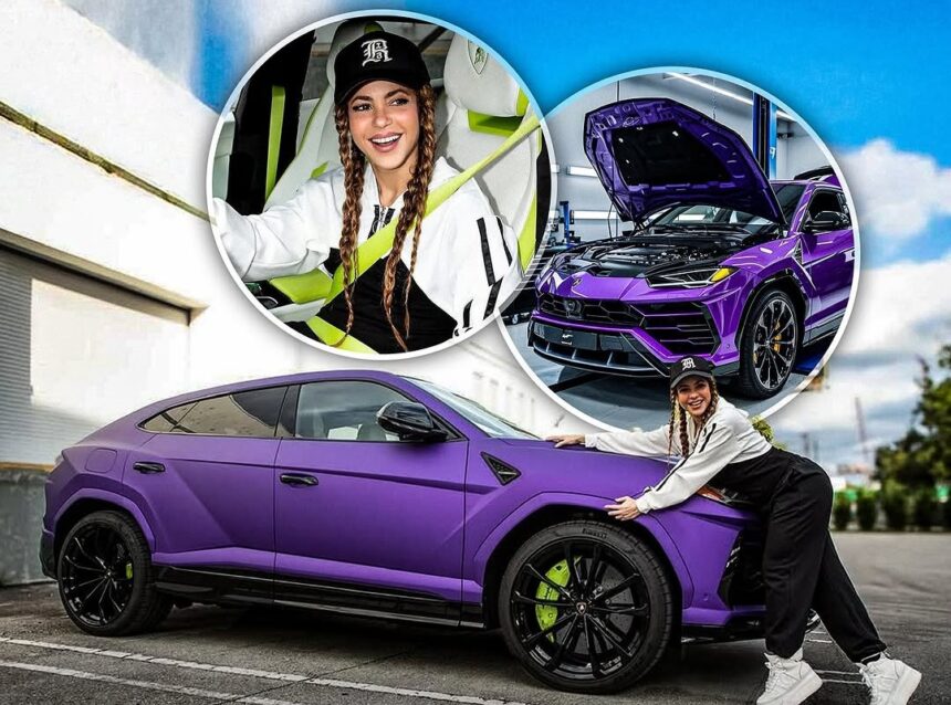 A purple Lamborghini parked on a street, showcasing the prize won in Shakira's "Soletra" giveaway