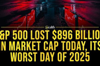 Visual of stock market downturn, showing a digital ticker with negative trends.