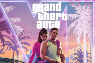 GTA VI logo with a neon cityscape background, symbolizing the potential premium pricing of the game.