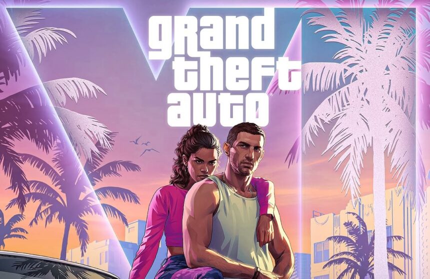 GTA VI logo with a neon cityscape background, symbolizing the potential premium pricing of the game.