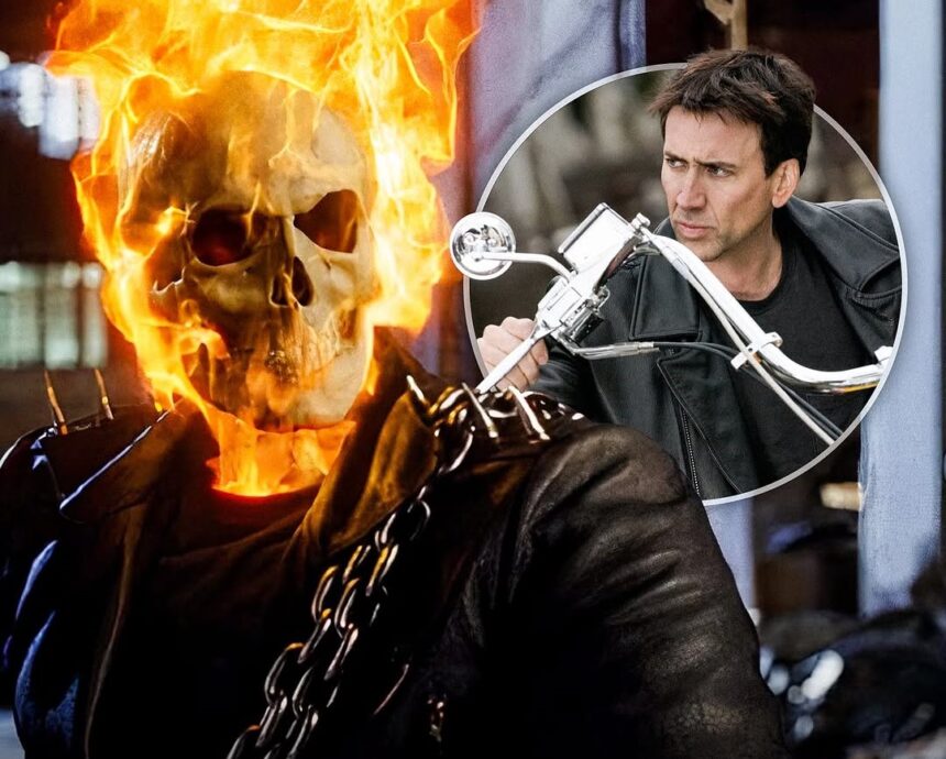 Nicolas Cage Ghost Rider MCU Return: Image combining Nicolas Cage as Ghost Rider with a multiverse effect.