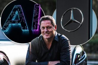 Portrait of Gorden Wagener, Mercedes-Benz Chief Design Officer, with an AI car design illustration.