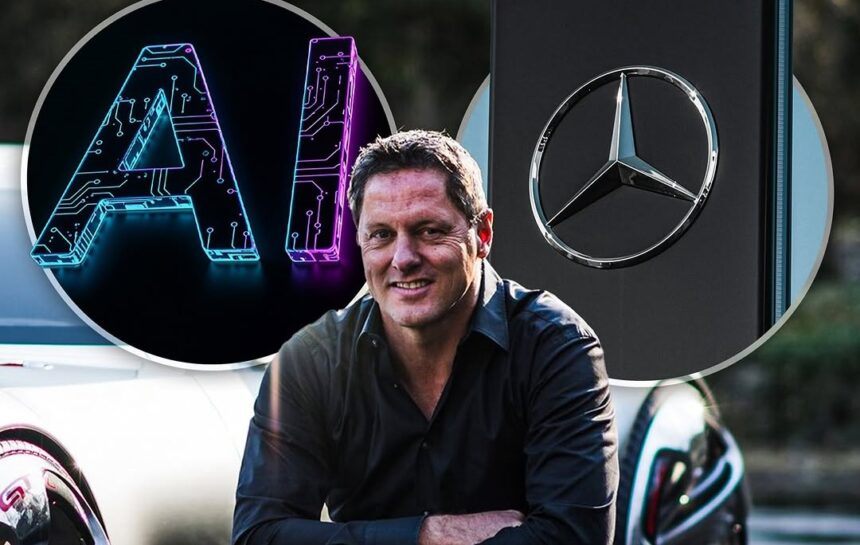 Portrait of Gorden Wagener, Mercedes-Benz Chief Design Officer, with an AI car design illustration.