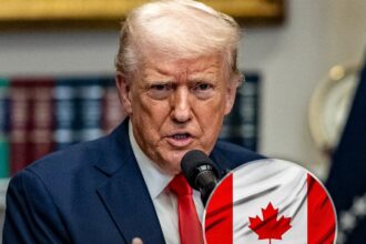 US-Canada Trade War: Image of a steel beam with American and Canadian flags, representing the trade dispute.