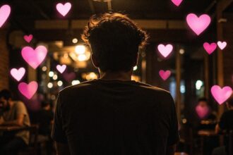 Love Study: Image of male and female silhouettes with timeline and hearts, representing differing speeds of falling in love.