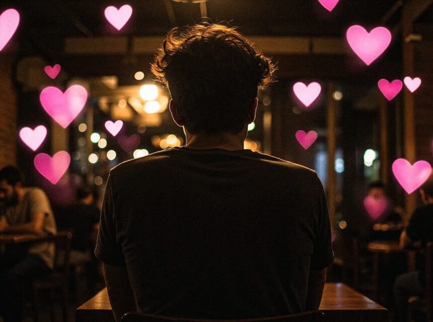 Love Study: Image of male and female silhouettes with timeline and hearts, representing differing speeds of falling in love.