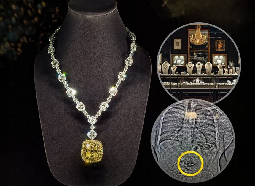 Split image: empty Tiffany & Co. display case and X-ray of ingested diamond, depicting the audacious Orlando jewelry theft.