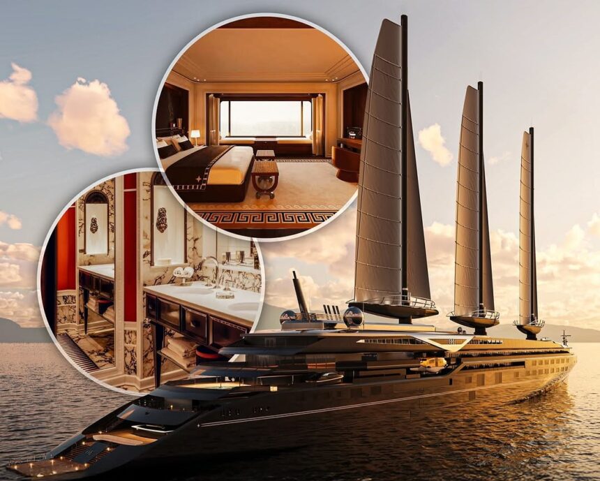 Orient Express Silenseas: Rendering of the world's largest sailing yacht, highlighting its size and luxury.