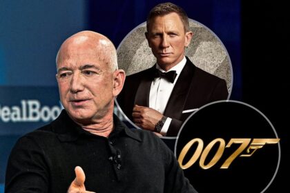 Bezos' Billion-Dollar Bond: Image combining Jeff Bezos and James Bond, representing Amazon's ownership.