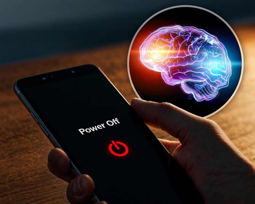 Illustration of a glowing brain with interconnected neural pathways, transitioning into a faded image of a smartphone, symbolizing the brain's change after a digital detox.