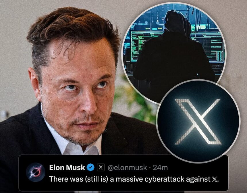 Elon Musk tweeting from his official account about the cyberattack on Platform X, with a focus on user safety and platform security.