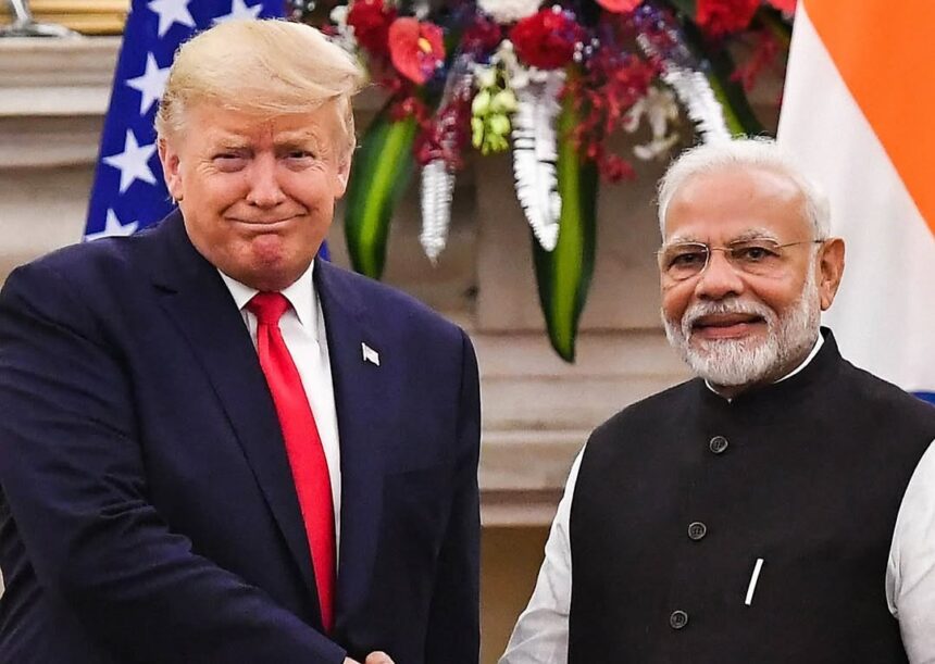 President Donald Trump and Indian Prime Minister Narendra Modi shaking hands during a diplomatic meeting, symbolizing strengthened U.S.-India trade relations.