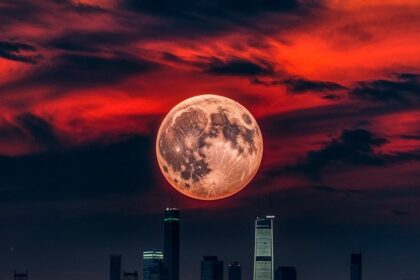 A stunning Blood Moon during a total lunar eclipse, showcasing the Moon's deep red hue as it passes through Earth's shadow.