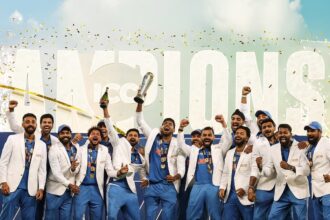 India ICC Champions Trophy Win: Ravindra Jadeja hitting the winning shot, team celebrating.