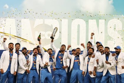 India ICC Champions Trophy Win: Ravindra Jadeja hitting the winning shot, team celebrating.