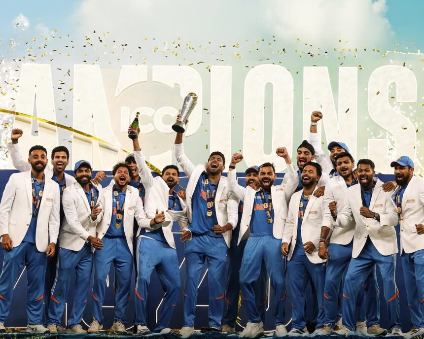 India ICC Champions Trophy Win: Ravindra Jadeja hitting the winning shot, team celebrating.