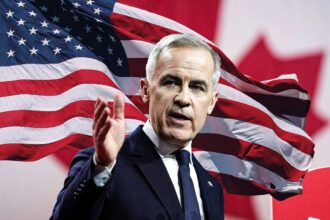 Mark Carney shaking hands with industry leaders at a climate action summit, symbolizing his focus on green economic policies.