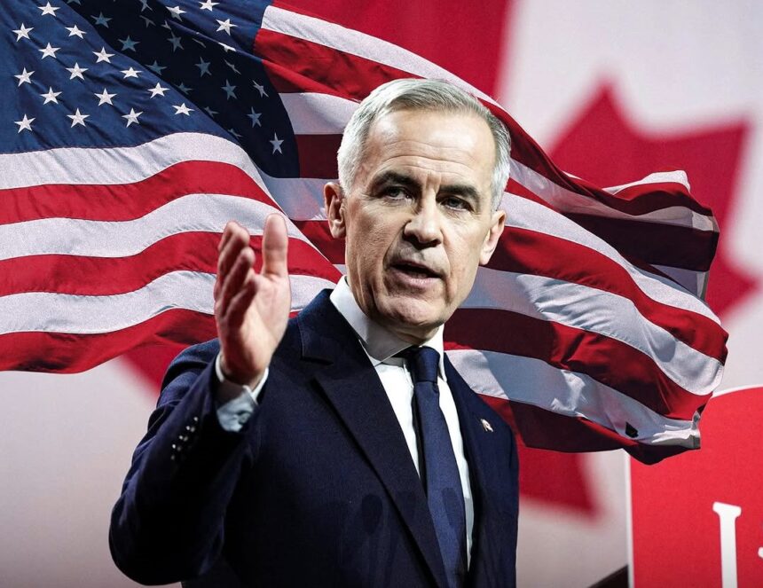 Mark Carney shaking hands with industry leaders at a climate action summit, symbolizing his focus on green economic policies.