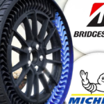 A futuristic, high-tech airless tire prototype from Bridgestone or Michelin, showcasing its intricate structure.