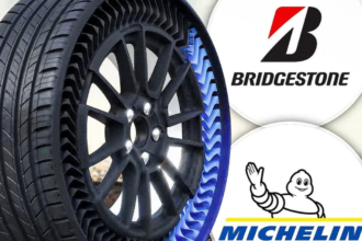 A futuristic, high-tech airless tire prototype from Bridgestone or Michelin, showcasing its intricate structure.