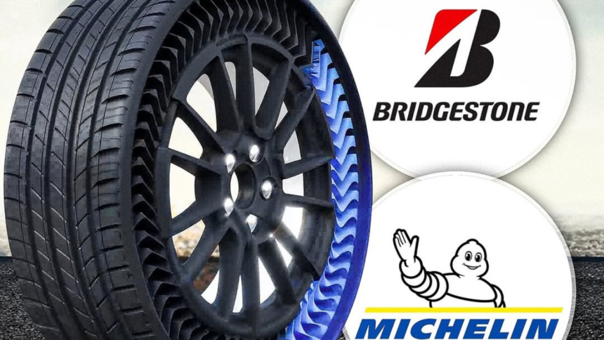 A futuristic, high-tech airless tire prototype from Bridgestone or Michelin, showcasing its intricate structure.